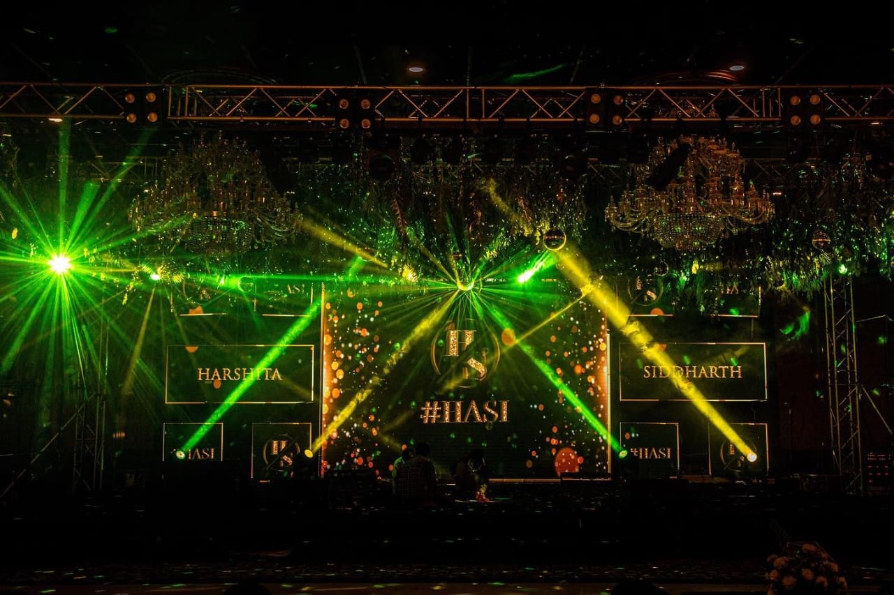 Live band performing on a lit ballroom stage