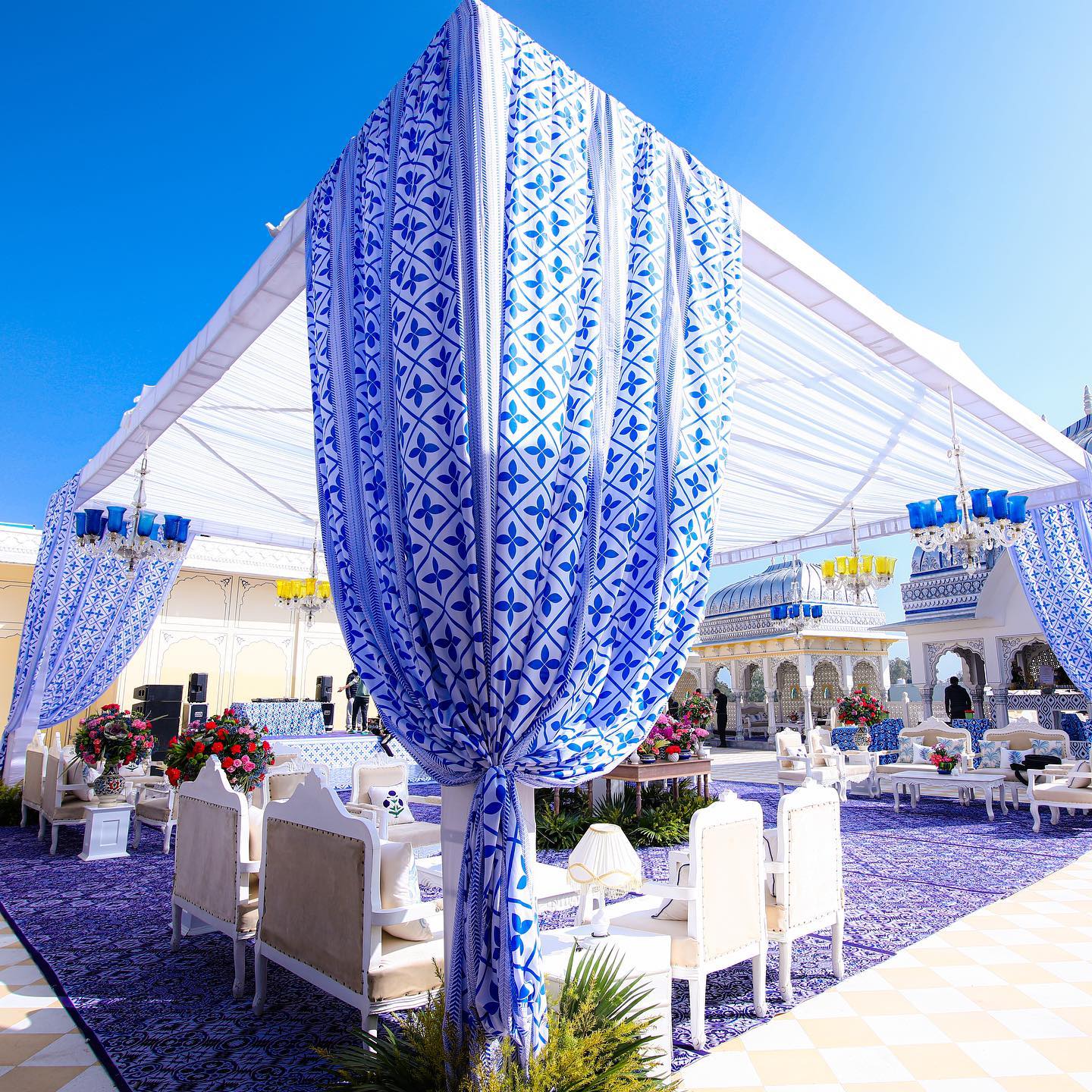 Blue and white draped Rajasthani palace mandap